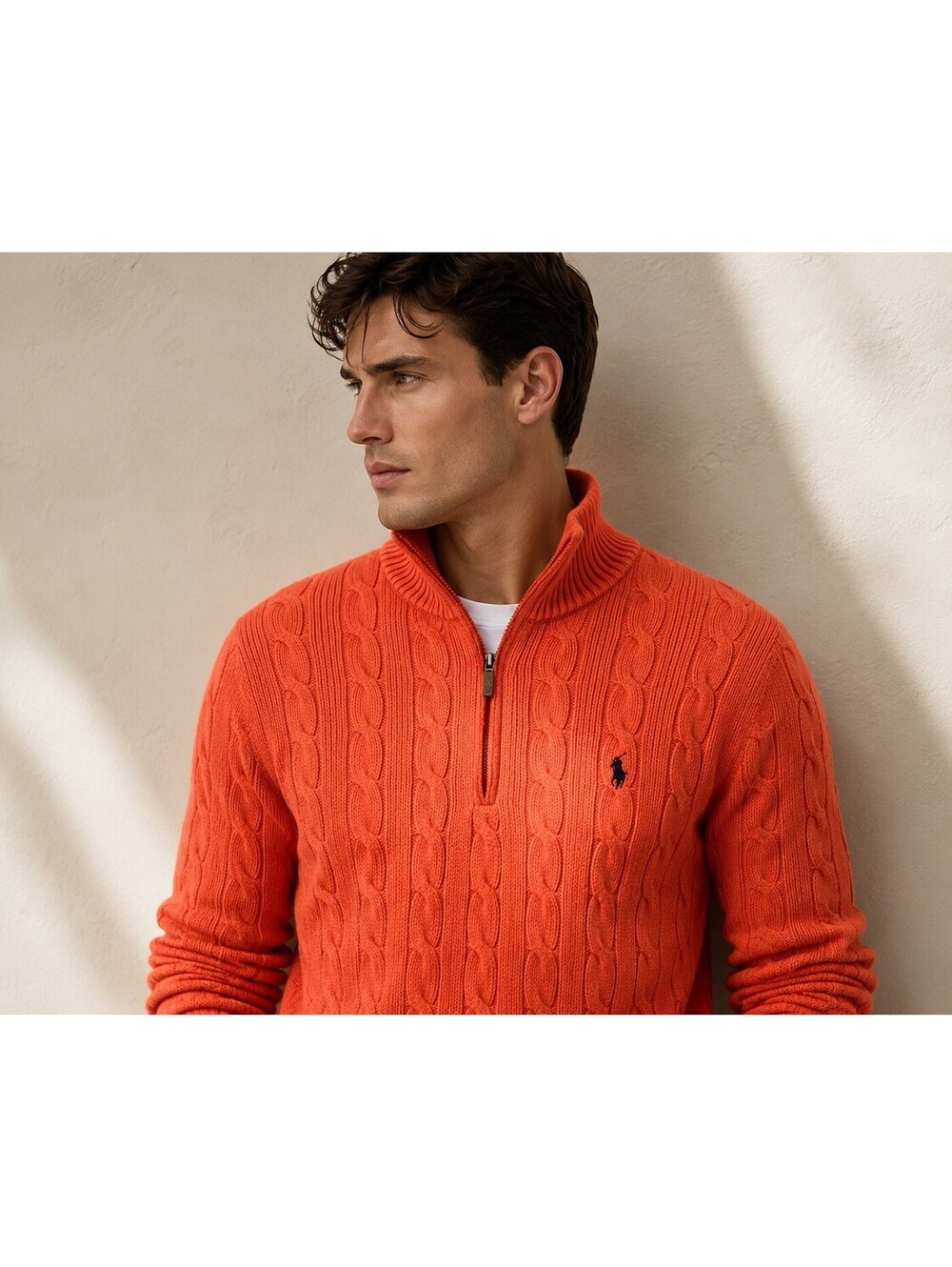 Polo Ralph Lauren Men's Green Orange Pony Knit Quarter Zip Sweater Size Large